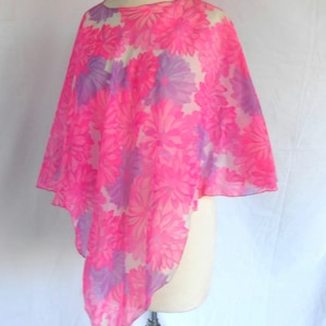 1970s Sheer Blouse Poncho Tunic Pink Purple Flowers Flowing Design image 1