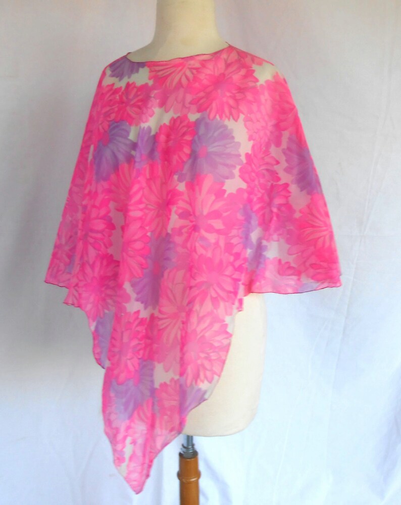 1970s Sheer Blouse Poncho Tunic Pink Purple Flowers Flowing Design image 1