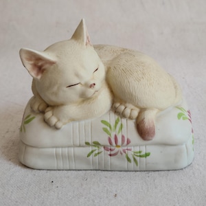 May include: A cream-colored ceramic cat figurine sleeping on a white pillow. The pillow has a floral design with pink and green accents. The cat's eyes are closed, and its paws are tucked in. The figurine is a decorative item.
