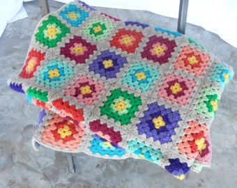 Vintage Afghan Hand Crocheted Granny Squares Colorful Blanket Lap Throw 1970s Crochet Bedding Bedcover Boho Hippie Chic Modern Farmhouse