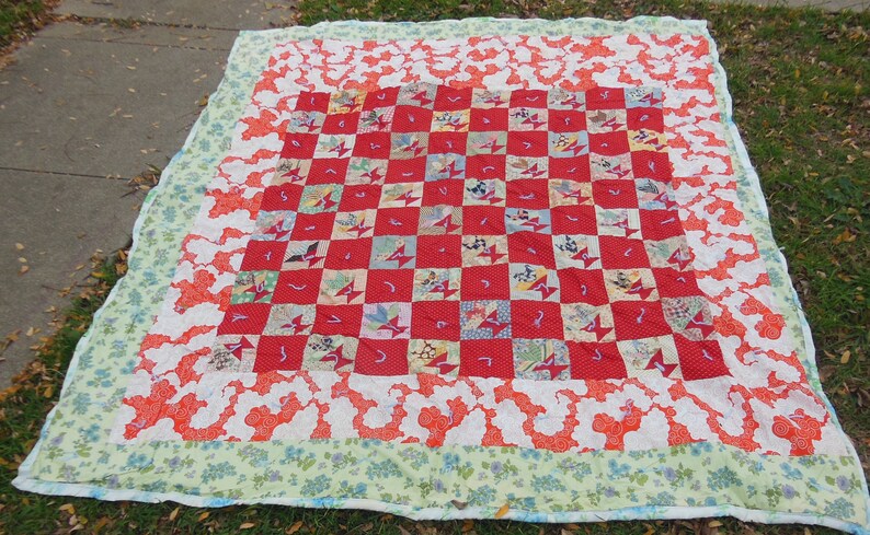 Antique 1930s Feed Sack Quilt 1970s Fabric Border image 2