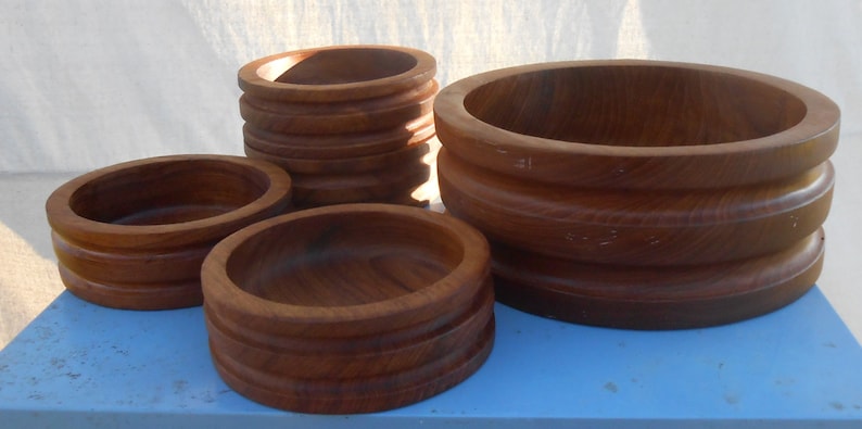 Vintage Teak Salad Bowl Set made in Thailand Good Wood Serving Dining Diner Bowls Danish Modern Style Tropical Coastal Beach House Cottage image 1