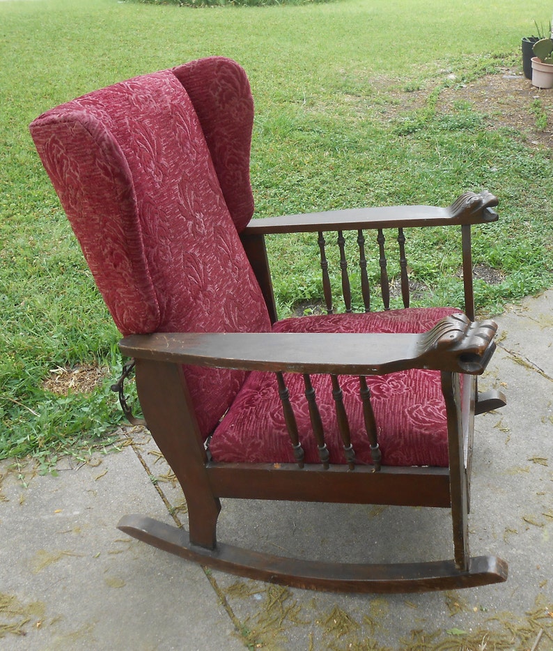 Antique Morris Chair Rocker Reclining Carved Lion Head Arms Etsy