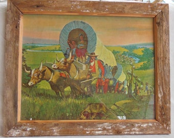 Vintage Luke Doheny The Way Westward Wagon Train Westward Travelers Settlers Pioneer Cowboys Lithograph Western Decor Print Barn Wood Frame