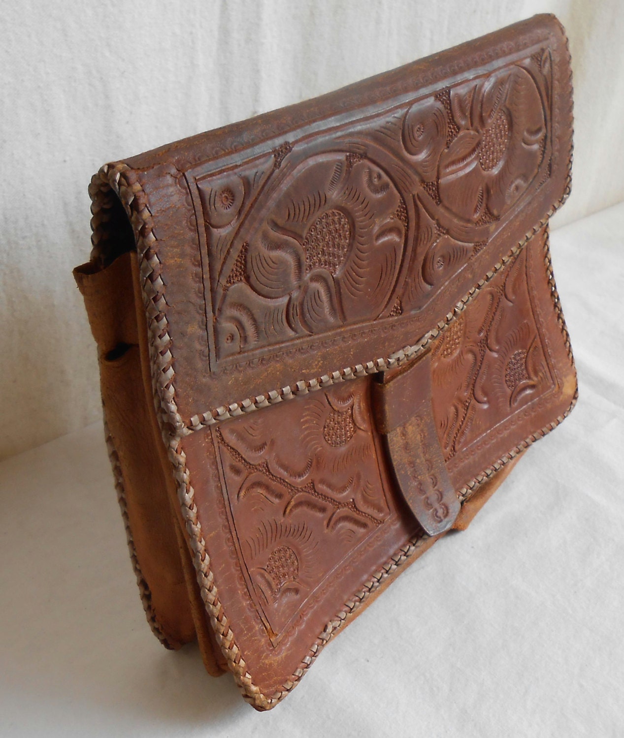 Vintage Hand Tooled Leather Hand Bag Boho Western Purse Brass Turn Lock GVC