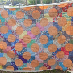 Hand Stitched Antique Quilt Top Feed Flour Sack Fabrics Patchwork Hexagon Pattern Scrap Quilt Bedding Boho Modern Farmhouse Cottage Decor