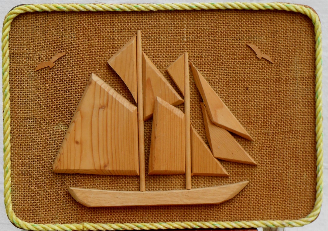 Vintage Handmade Wood Ship Boat Plaque Canvas Rope Wall Hanging