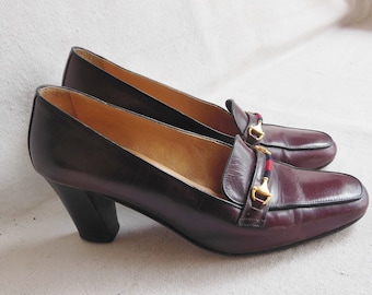 Vintage Gucci Horsebit Shoes Loafer Oxford Leather Chunky Heel Pumps Burgundy Oxblood Leather Designer Classic Heels