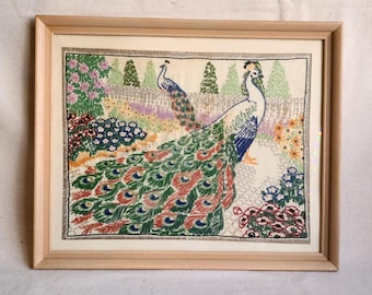 Vintage Peacock Hand Embroidered Art  (18x22)