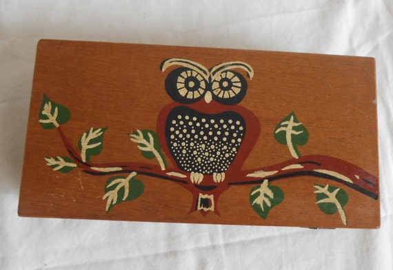 Vintage Wood Box Purse with Cool Owl Hand Painted - image 1