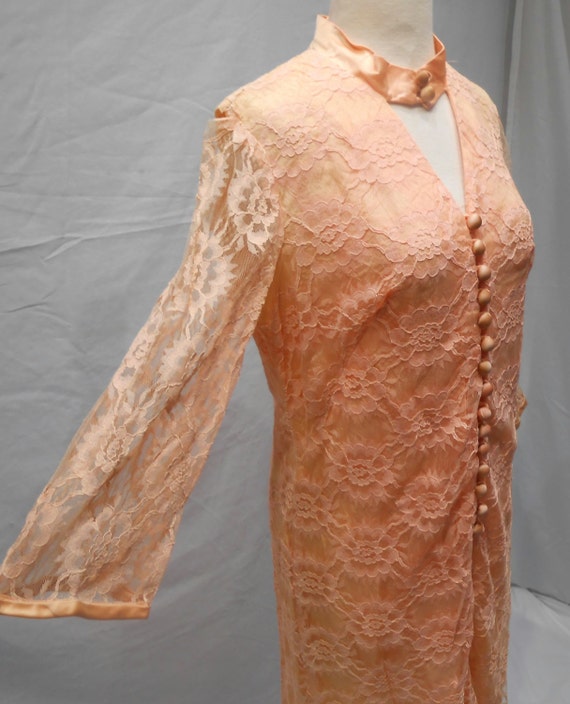 Vintage 1950s Peach Lace Button Up Cut Out Dress M