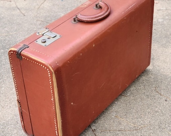 Vintage Hard Side Leather Caramel Brown Suitcase