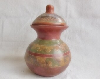 Antique Earthenware Navaho Native American Pottery Red Clay Jar with Lid Etched Design Handmade Handpainted Southwest Terra Cotta Tribal Pot
