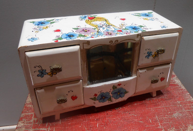 Vintage Hand Painted Jewelry Box 1960s Big Eye Girl Teen Tween Jewel Storage Teenager Bedroom Vanity Decor Wood Wooden Chest Floral Flowers image 9