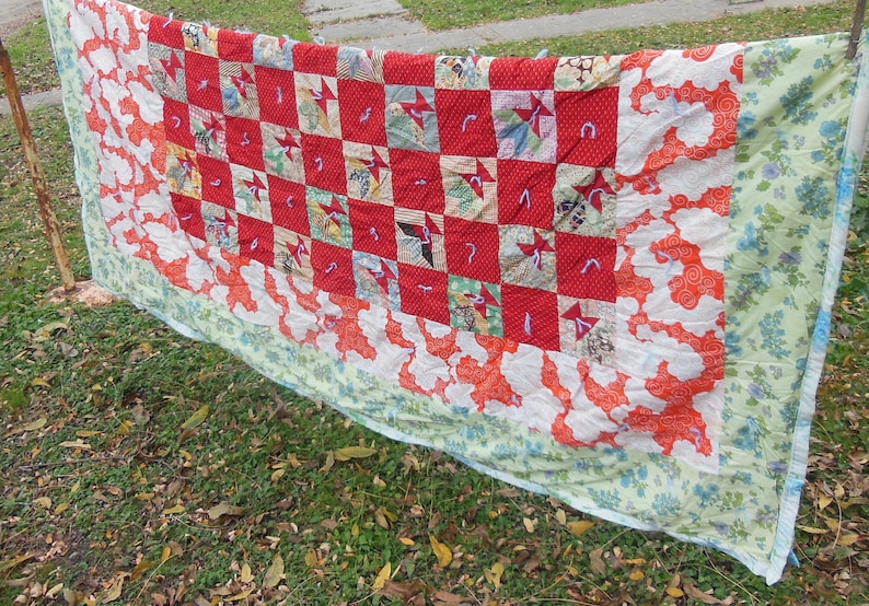 Antique 1930s Feed Sack Quilt 1970s Fabric Border image 4