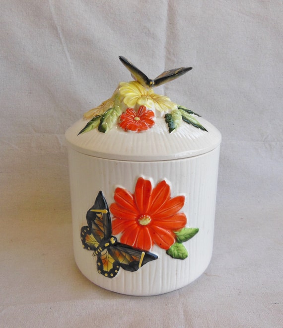 Vintage 1970s Cookie Jar Floral Flowers Butterfly Heavy Ceramic