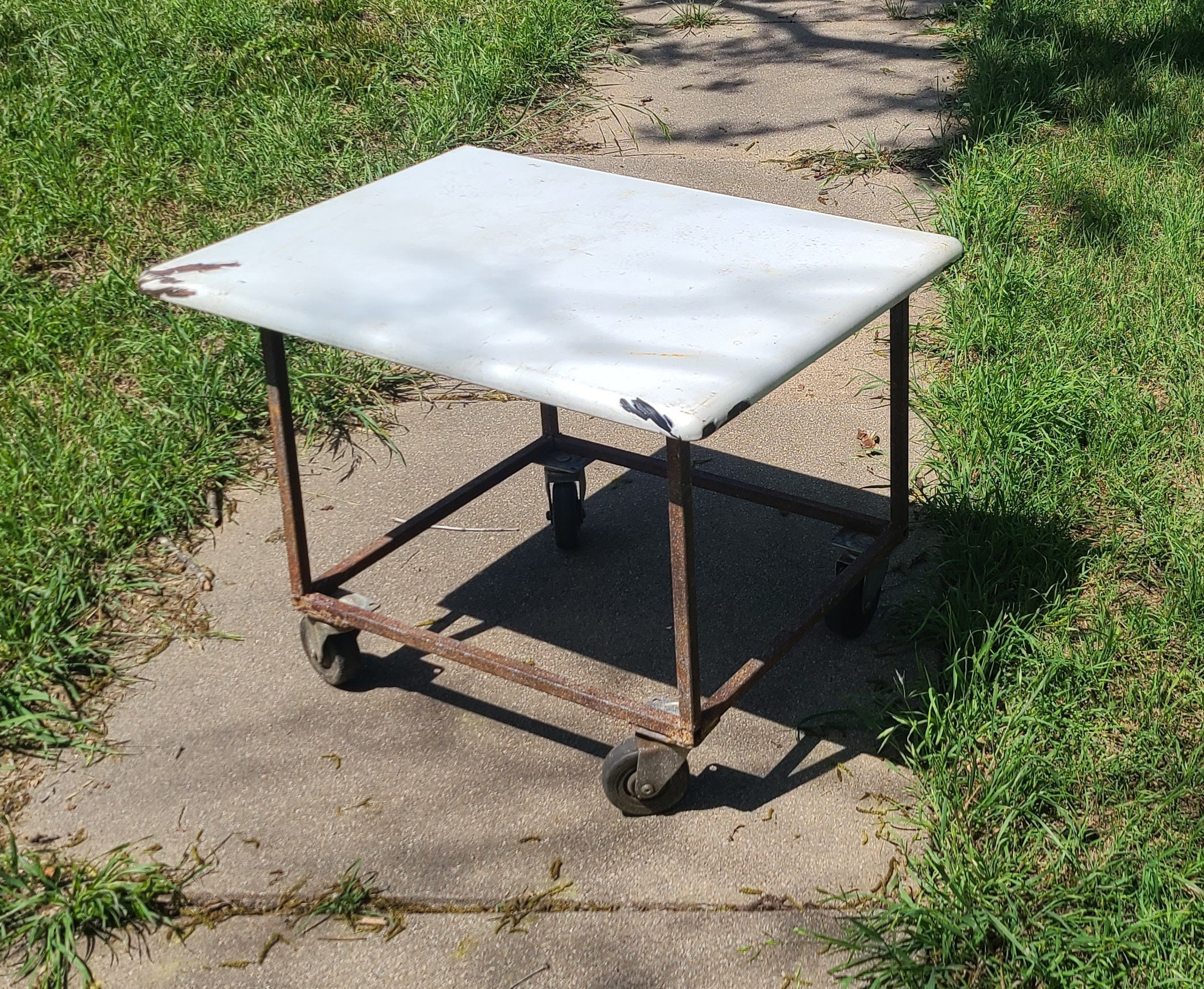 Vintage Industrial Metal Rolling Frame Enamel Top Outdoor