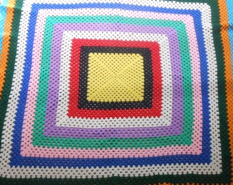 Vintage Around the World Crocheted Afghan Handmade Blanket Bed Cover Throw Colorful Design 1970s 70s Hippie Boho Style Primary Color Blanket