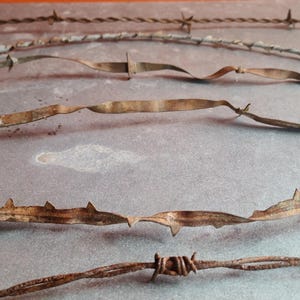 May include: Close-up of several strands of rusty barbed wire, each with sharp barbs. The wire is arranged horizontally against a gray background, showcasing the aged metal and the dangerous design. The image highlights the texture and form of the wire.