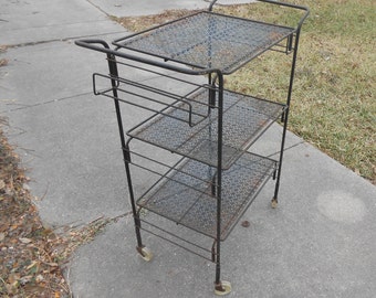 Vintage Mid Century Modern Bar Kitchen Cart Black Decorative Metal Design Rolling Craft Party Tray Office Storage Bedside Table Plant Stand