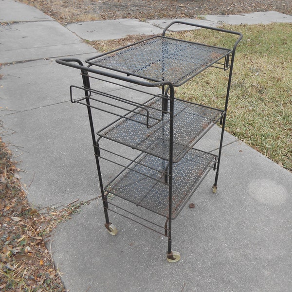 Vintage Mid Century Modern Bar Kitchen Cart Black Decorative Metal Design Rolling Craft Party Tray Office Storage Bedside Table Plant Stand