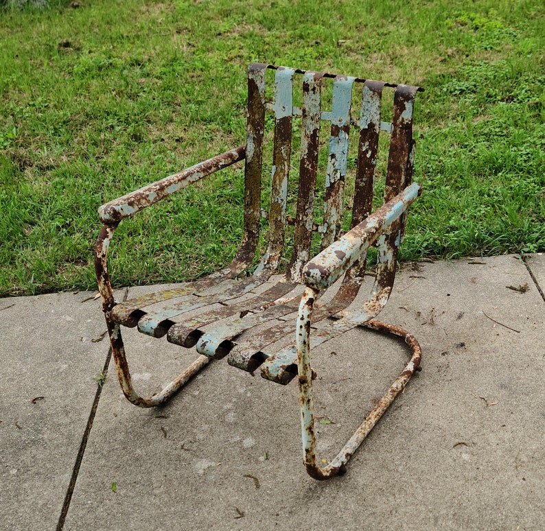 Vintage Cantilever Metal Industrial Lawn Chair Layers of Chippy Paint Yard Art Garden Porch Patio Decor image 5