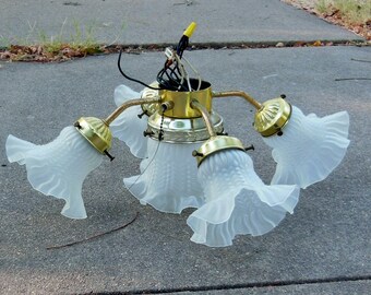 Vintage 1980s Ceiling Light Fixture Brass Ruffled Frosted