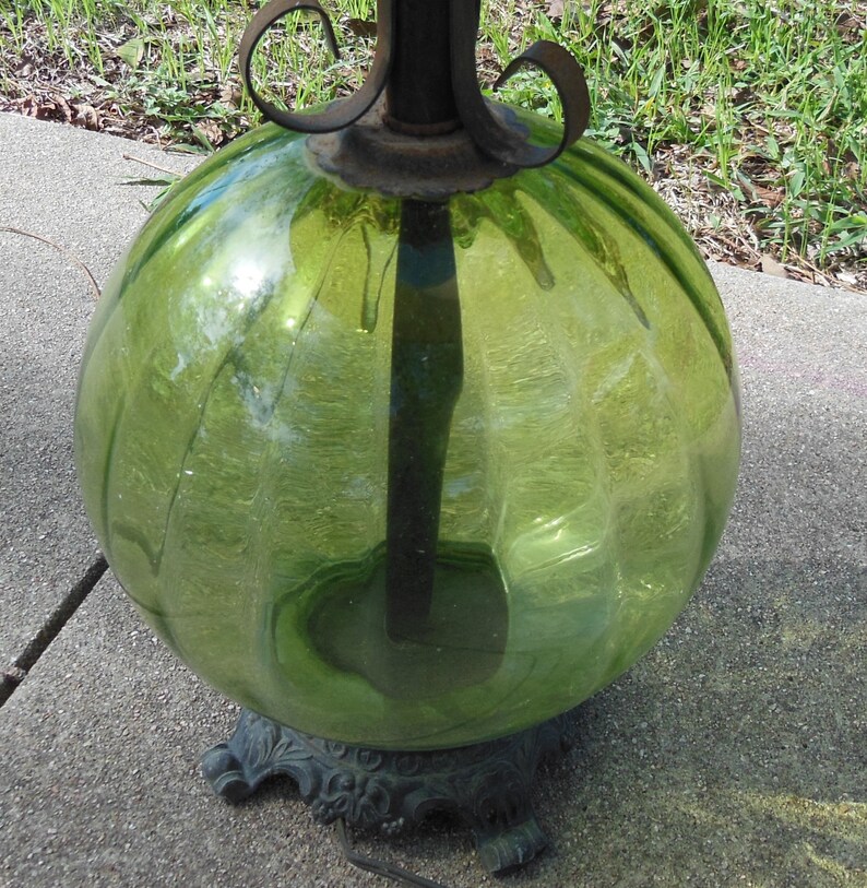 Vintage Green Glass Lamp Round Green Globe Black Wrought Iron Etsy