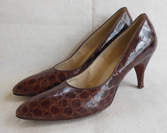 Vintage Leather Pumps Croc Snake Animal Skin Leather Troylings styled Seymour Troy Stiletto High Heels Shiny Brown Office Evening Footwear