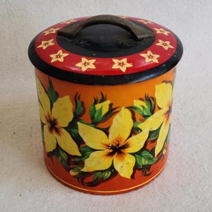 Vintage Floral Canister Storage Tin  Lid Bold Colors Yellow Flowers