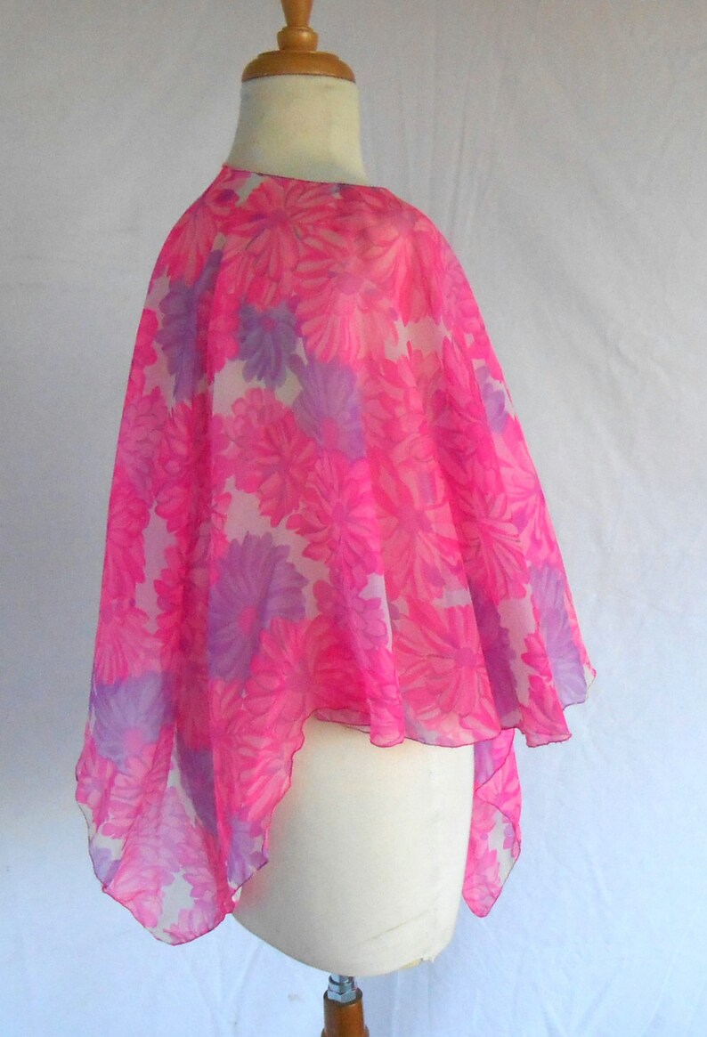 1970s Sheer Blouse Poncho Tunic Pink Purple Flowers Flowing Design image 4