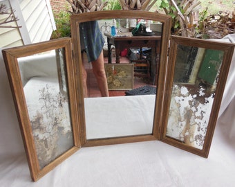 Vintage Vanity Dressing Table Triple Mirror Tri Fold 3 Panel Mirror Very Heavy Old Glass Missing Silver Boudoir Decor