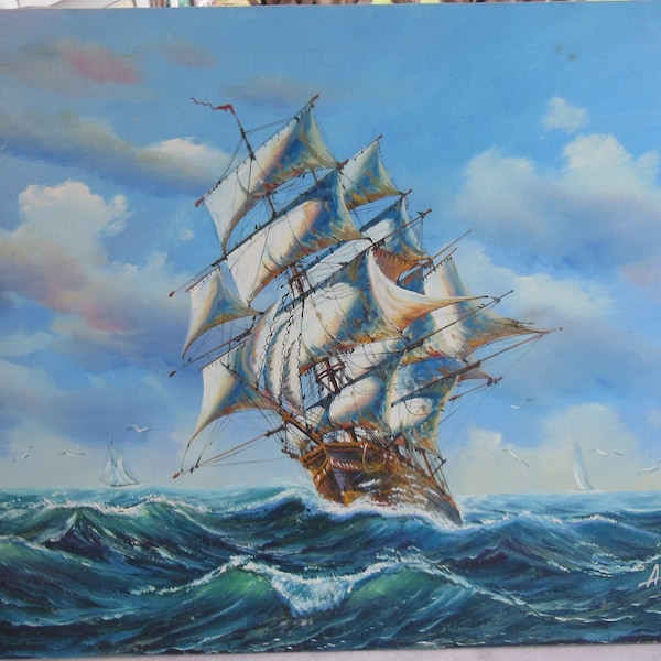 Vintage John Ambrose British Artist Oil Painting Clipper Sailing Ship Boat Ocean Vessel Marine Art Original Art Listed Artist Large Size