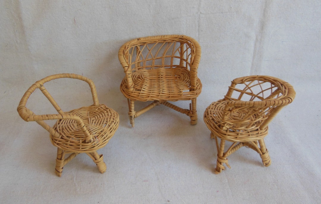Vintage Wicker Doll Furniture Set of Three Settee Loveseat Chairs Woven