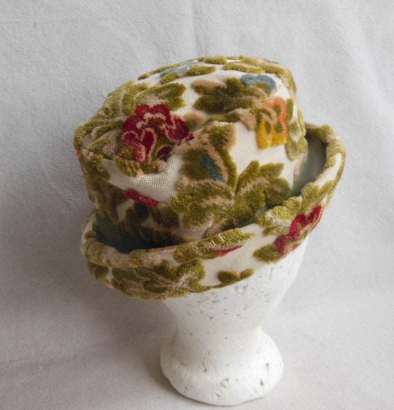 Vintage Textured Velvet Brocade Bowler Hat Bucket… - image 4