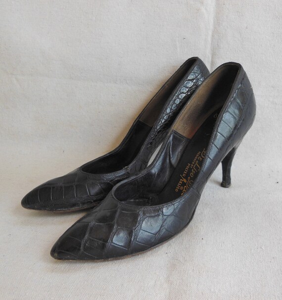 Vintage Reptile Animal Skin High Heel Pumps Black Lea… Gem