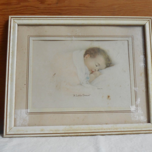 Vintage Framed Baby Print Picture Sleeping Baby Farmhouse Nursery Decor A Little Dream Annie Benson Muller Baby Kid Room Decor Wall Hanging