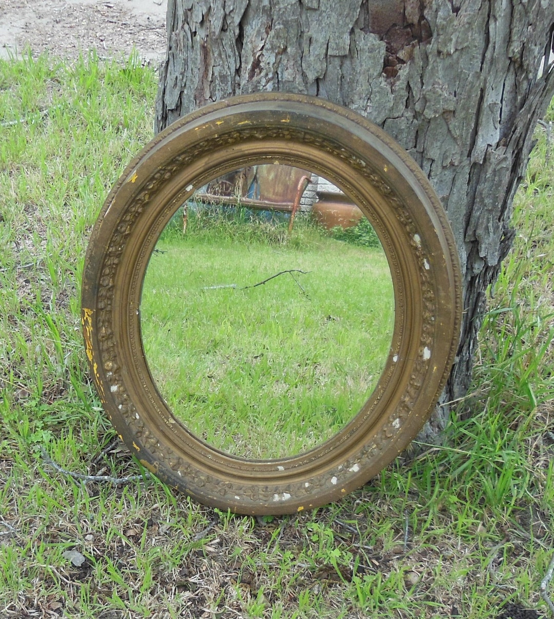 Antique Wood Frame Oval Mirror Plaster Ornate Decoration Gold Bronze