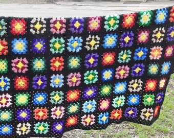 Vintage Handmade Afghan Hand Crochet Granny Square Black Multi Color Blanket Bedding Throw Couch Blanket Boho Decor Modern Farmhouse Cottage