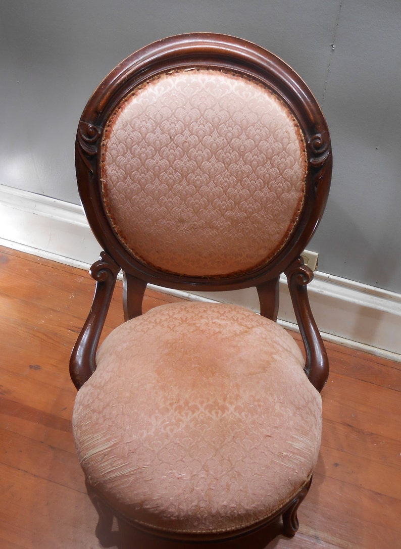 Antique Victorian 19th Century Parlor Chair Ladies Seating Mahogany Wood Boudoir Upholstered Round Back Decorative Accent Entryway Desk image 5
