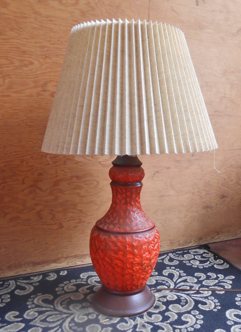 Vintage Orange Ceramic Table Lamp Earth Tones Textured Surface 1980s Home Decor Bedside Lighting Accordion Shade