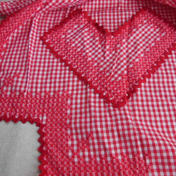 Vintage Apron Red White Gingham Hand Embroidered Cross Stitch Design Antique Farm Wife Kitchen Chef Cooking Farmhouse Cottage Style