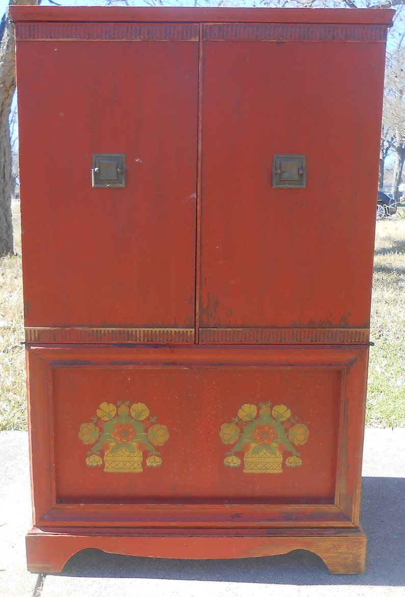 Vintage Tv Radio Media Cabinet Console Orange Red Asian Chinese