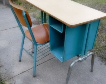 Vintage Mid Century Modern Heavy Metal Adjustable Student Child Size Kids Desk Chair 1950s Turquoise Chrome School Salvage Desk Home School