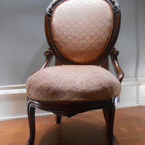 Antique Victorian 19th Century Parlor Chair Ladies Seating Mahogany Wood Boudoir Upholstered Round Back Decorative Accent Entryway Desk image 10