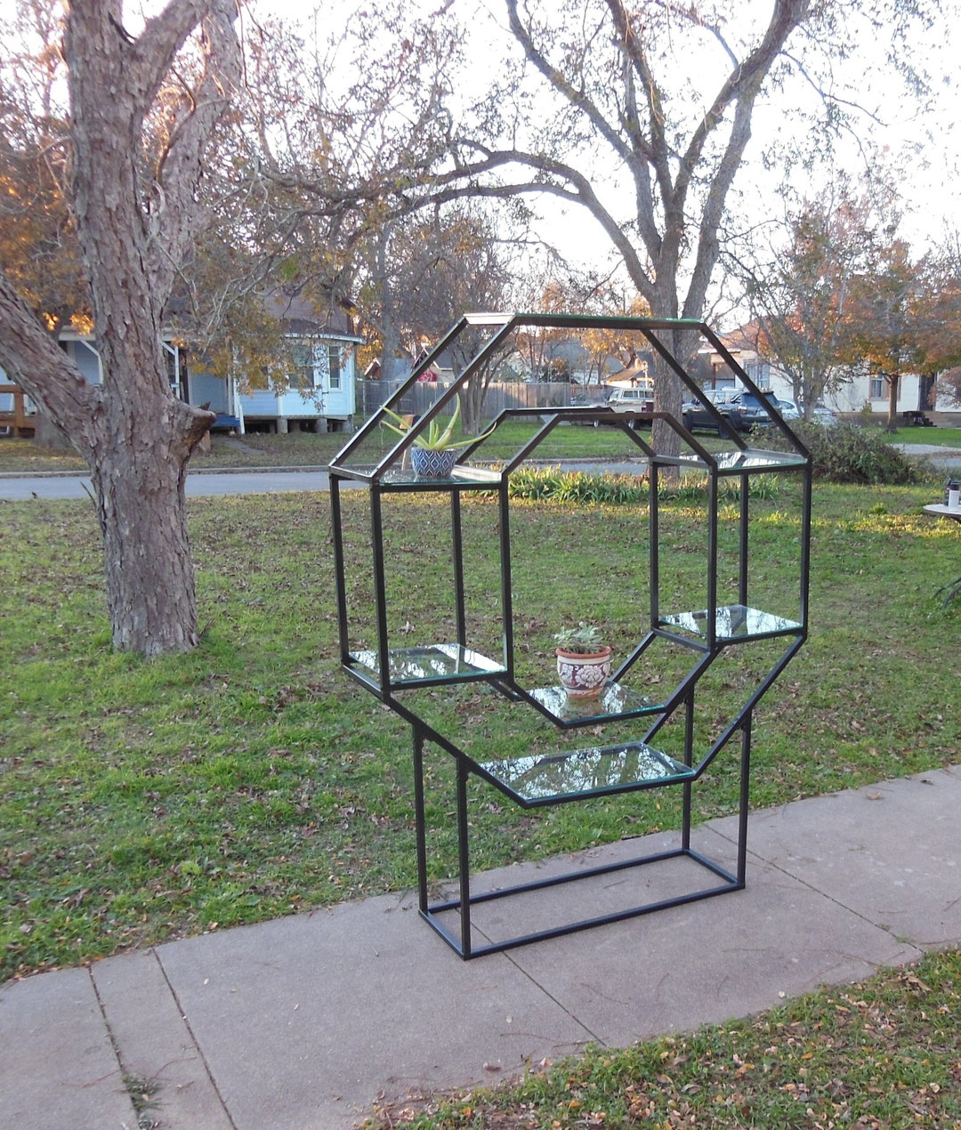 Vintage Metal and Glass Display Shelf Plant Stand Boho Mid Century