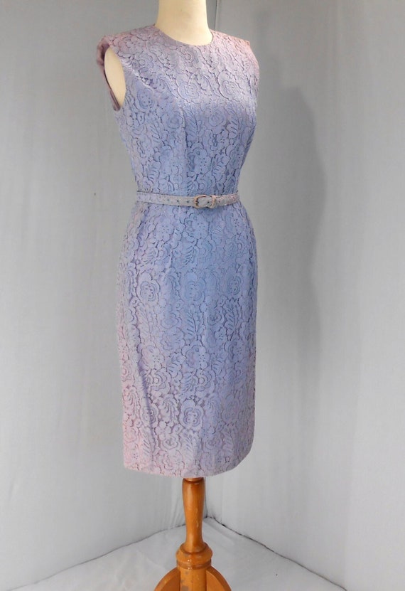Fabulous Cathy Gray Lace Belted Dress Lined 1950s Baby Blue