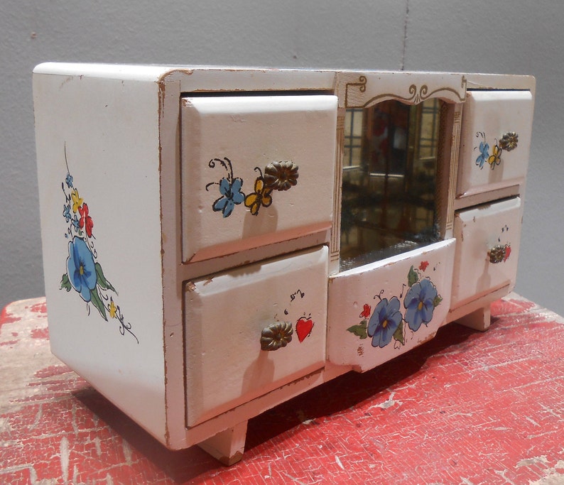 Vintage Hand Painted Jewelry Box 1960s Big Eye Girl Teen Tween Jewel Storage Teenager Bedroom Vanity Decor Wood Wooden Chest Floral Flowers image 3