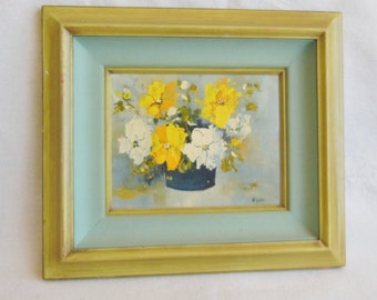 Vintage Original Art Painting Amateur Art Floral Flowers Violets Yellow Blue Signed Artist Wall Gallery Wall Hanging Decor Farmhouse Cottage