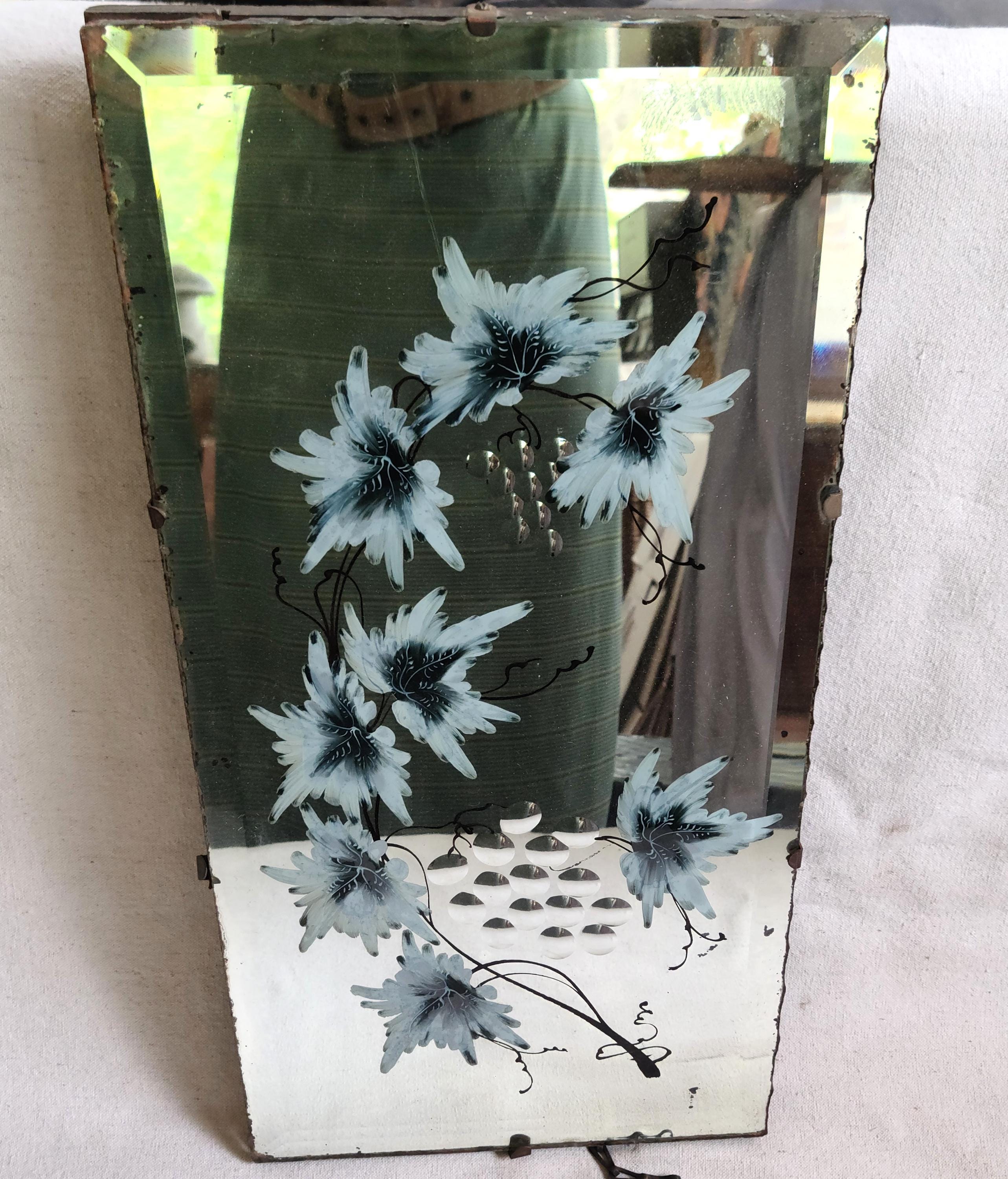Victorian Antique Reverse Painted Mirror Blue Flower Textured